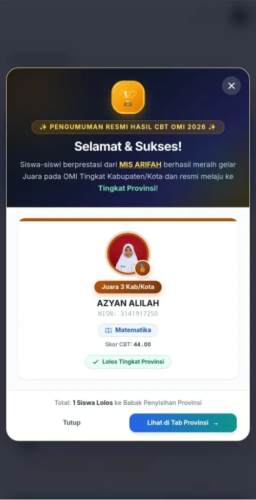 Siswi MIS Arifah Juara pada OMI Tingkat Kabupaten/Kota dan resmi melaju ke Tingkat Provinsi